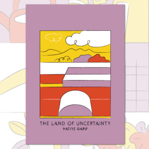 Cover of The Land of Uncertainty. The book is a vertical rectangle. On the front cover, a landscape of mountains and hills under a cloudy sky is shown with two buildings below, one rectangular and one cylindrical. The book’s title and the author’s name appear below.